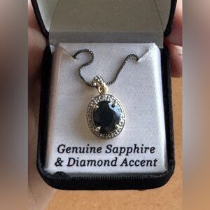 18K Gold Plated Over Sterling Silver Sapphire & Diamond Pendant with 18"Necklace